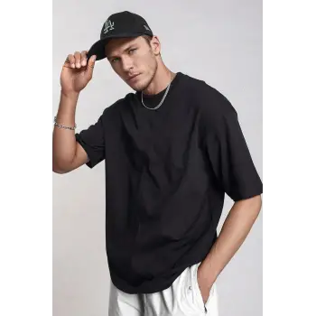 Erkek Siyah Basic Düz Baskısız Oversize Salas Boyfriend