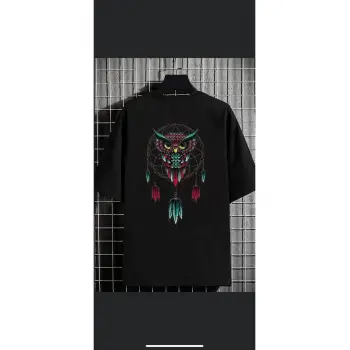 Erkek Siyah Baykuş Oversize Bisiklet Yaka Tshirt
