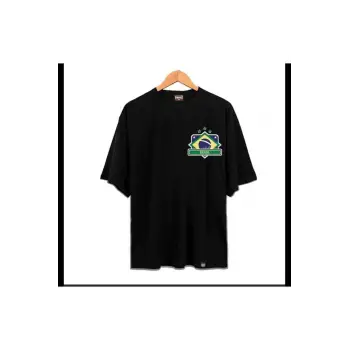 Erkek Siyah Brasıl Oversze Bisiklet Yaka Tshirt