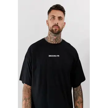 Erkek Siyah Brooklyn Baskılı Oversize Bisiklet Yaka Tişört