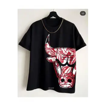 Erkek Siyah Büyük Logo Bulls Baskılı Oversize Bisiklet Yaka Tişört