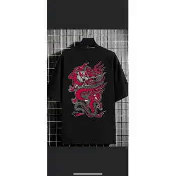 Erkek Siyah Ejderha Oversize Bisiklet Yaka Tshirt