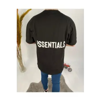 Erkek Siyah Essentials Baskılı Oversize Bisiklet Yaka T-shirt