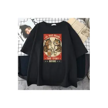 Erkek Siyah He Had Heard Baskılı Oversize Bisiklet Yaka Tshirt