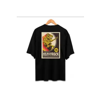 Erkek Siyah Heavy Rock Baskılı Oversize Bisiklet Yaka Tshirt