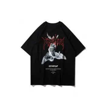 Erkek Siyah Melek Baskılı Oversize Bisiklet Yaka Tshirt
