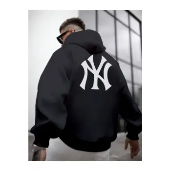 Erkek Siyah Ön Arka NY Baskılı Kapüşonlu Sweatshirt onarkanysweatshirt