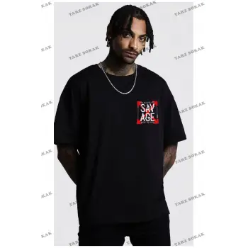 Erkek Siyah Oversize Savage Baskılı