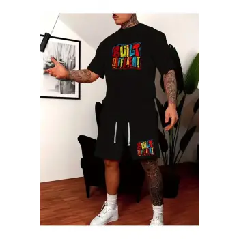 Erkek SiyahRenkli Built Different Baskılı Basic Oversize T-Shirt- Şort Takım strup0000000000014