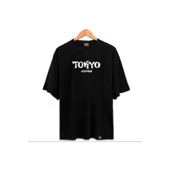 Erkek Siyah Tokyo Baskılı Oversize Bisiklet Yaka Tshirt