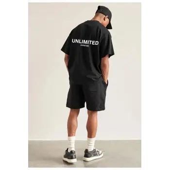 Erkek Siyah Unlımıted Baskılı Oversize Bisiklet Yaka Tshirt