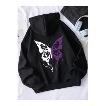 . Essnce Butterfly Print Kangaroo Pocket Drawstring Lined Hoodie Siyah