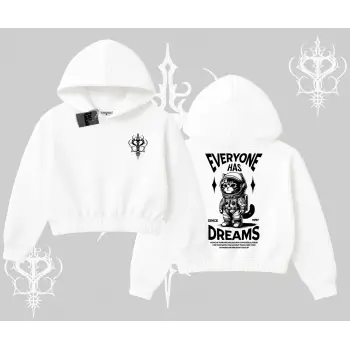 Everyone Has Dreams Yazılı Astronot Kedi Arka Baskılı Kapşonlu Crop Sweatshirt