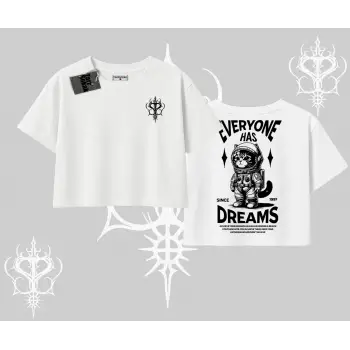 Everyone Has Dreams Yazılı Astronot Kedi Arka Baskılı Oversize Crop Tshirt