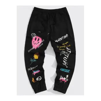 Expression & Letter Graphic Drawstring Waist Pants