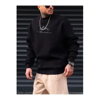 Extended Sizes Plus Letter Mountain Graphic Sweatshirt Siyah