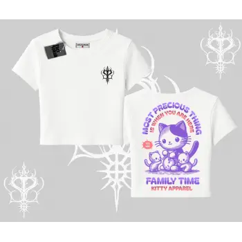 Family Time Yazılı Sevimli Anne Kedi Arka Baskılı Babby Tee Tshirt