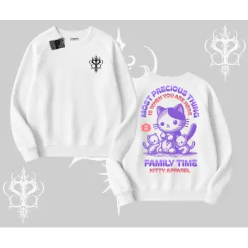Family Time Yazılı Sevimli Anne Kedi Arka Baskılı Biskilet Sweatshirt
