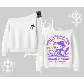 Family Time Yazılı Sevimli Anne Kedi Arka Baskılı Kayık Yaka Sweatshirt