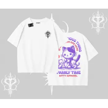 Family Time Yazılı Sevimli Anne Kedi Arka Baskılı Oversize Tshirt