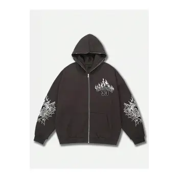 Fermuarlı Sweatshirt Goth Guys Letter Graphic Gri
