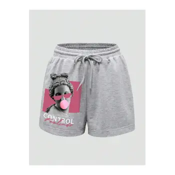 Figure Graphic Drawstring Waist Şort