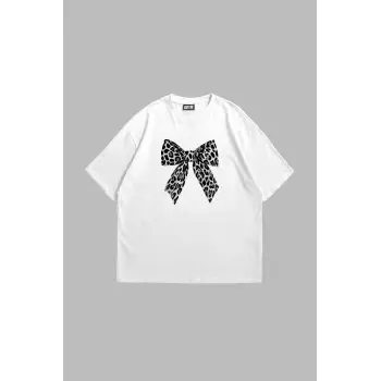 Fiyonk Leopar V2 Baskılı Oversize Unisex Beyaz