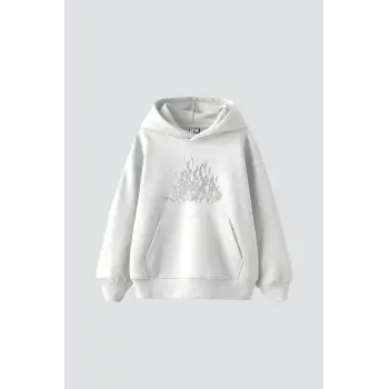 Flame Taş Baskılı Oversize Unisex Beyaz