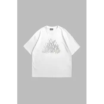 Flame Taş Baskılı Oversize Unisex Beyaz