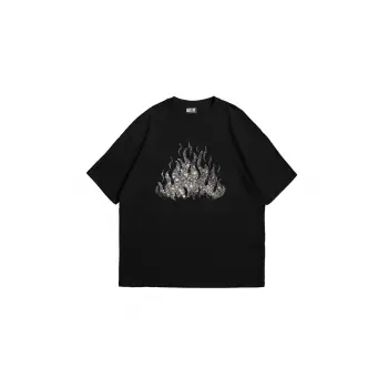 Flame Taş Baskılı Oversize Unisex Siyah