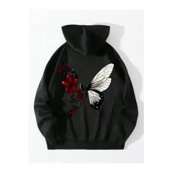Floral & Butterfly Print Drawstring Lined Hoodie Siyah
