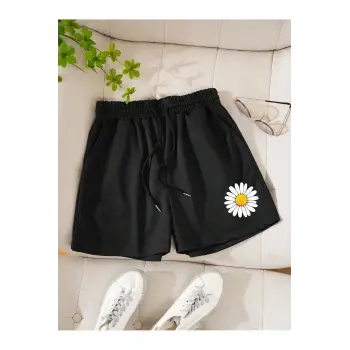 Floral Print Drawstring Waist Şort