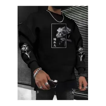 Flower Oversize Bisiklet Yaka Pamuklu Sweatshirt Siyah