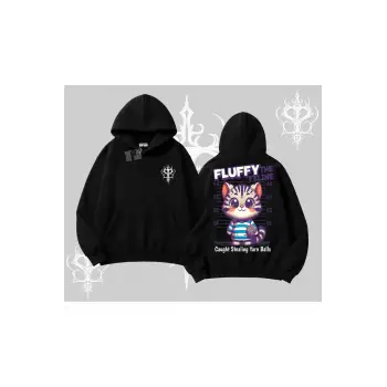 Fluffy The Feline Yazılı Sevimli Kedi Arka Baskılı Kapşonlu Sweatshirt