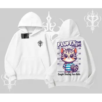 Fluffy The Feline Yazılı Sevimli Kedi Arka Baskılı Kapşonlu Sweatshirt