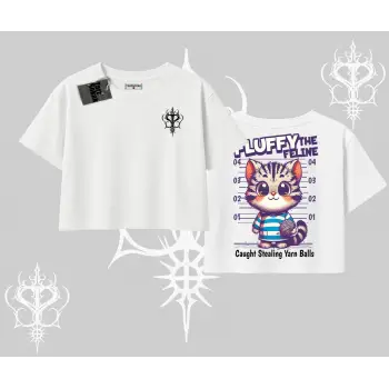 Fluffy The Feline Yazılı Sevimli Kedi Arka Baskılı Oversize Crop Tshirt