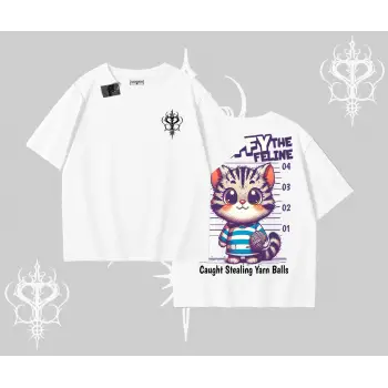 Fluffy The Feline Yazılı Sevimli Kedi Arka Baskılı Oversize Tshirt