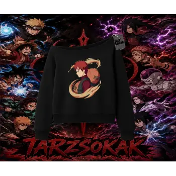 Gaara Naruto Anime Karakteri Kadın Kayık Yaka Sweatshirt Beyaz