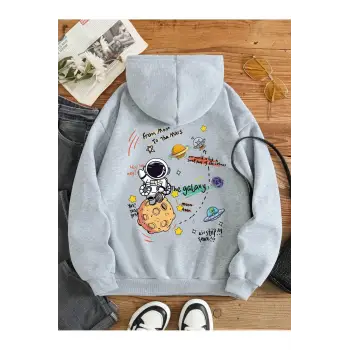 Galaxy Özel Baskılı Oversize Kapüşonlu Sweatshirt Gri