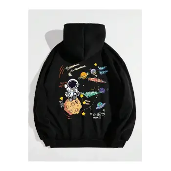 Galaxy Özel Baskılı Oversize Kapüşonlu Sweatshirt Siyah