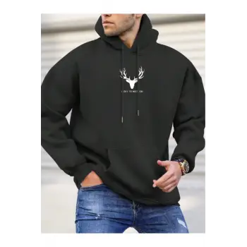 Geyik Renkli Oversize Kapüşonlu Sweatshirt Siyah