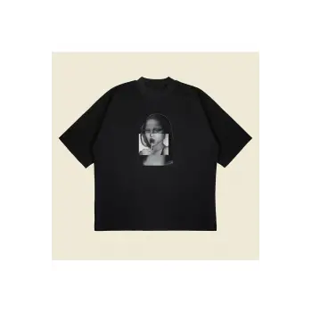 Glitch Lisa Baskılı Oversize Unisex Pamuklu Nefes Alan Kalın Kumaşlı