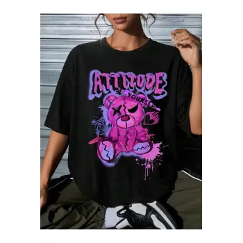 Göğüs Baskılı Oversize Kadın T-Shirt
