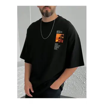 Göğüs Beach Baskılı Oversize Erkek T-Shirt