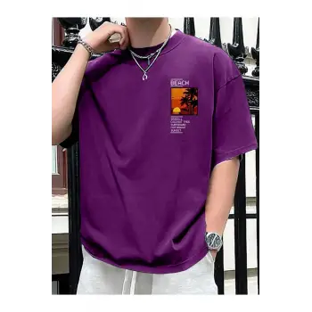 Göğüs Beach Baskılı Oversize Erkek T-Shirt