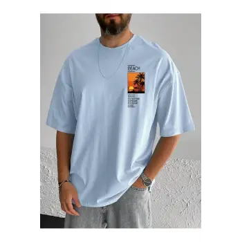 Göğüs Beach Baskılı Oversize Erkek T-Shirt