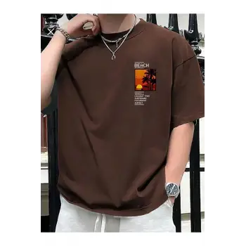 Göğüs Beach Baskılı Oversize Erkek T-Shirt