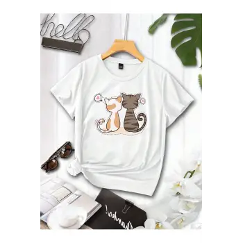 Göğüs Kedi Baskılı Oversize Kadın T-Shirt