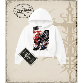 Goldorak Anime Baskılı Kadın Crop Kapşonlu Sweatshirt