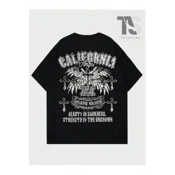 Goth Erkek Kanat ve Harf Baskılı T-shirt